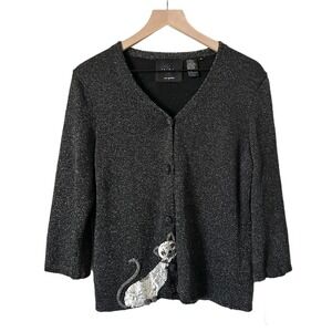 Michael Simon Sequin Embellished Cat Cardigan Sweater Black Metallic Size Medium